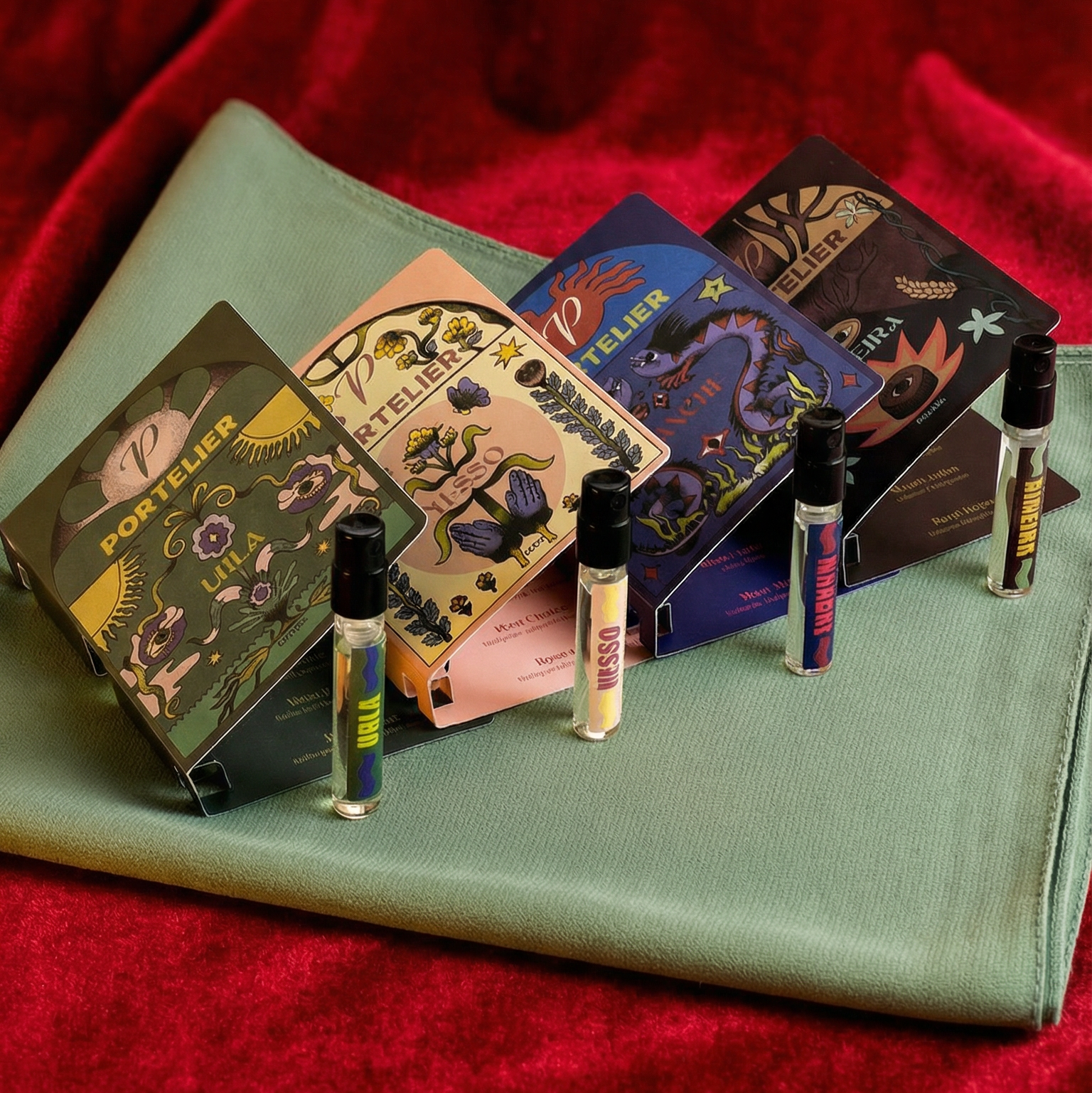 Set of small cosmetic boxes with corresponding vials on a green surface against a red fabric background